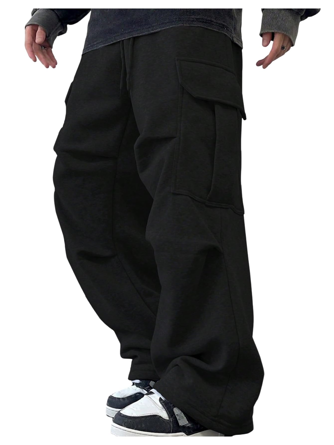 GORGLITTER Men's Cargo Baggy Sweatpants Drawstring Elastic Waist Wide Leg Sweatpants Black Large
