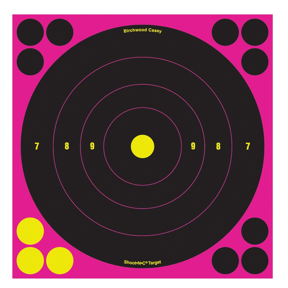 Birchwood Casey Shoot-N-C 8" Pink Bull's-Eye Reactive Targets - Highly Visible Instant Feedback Self-Adhesive Shooting Target Stickers with Repair Pasters - 6 Targets, 72 Repair Pasters