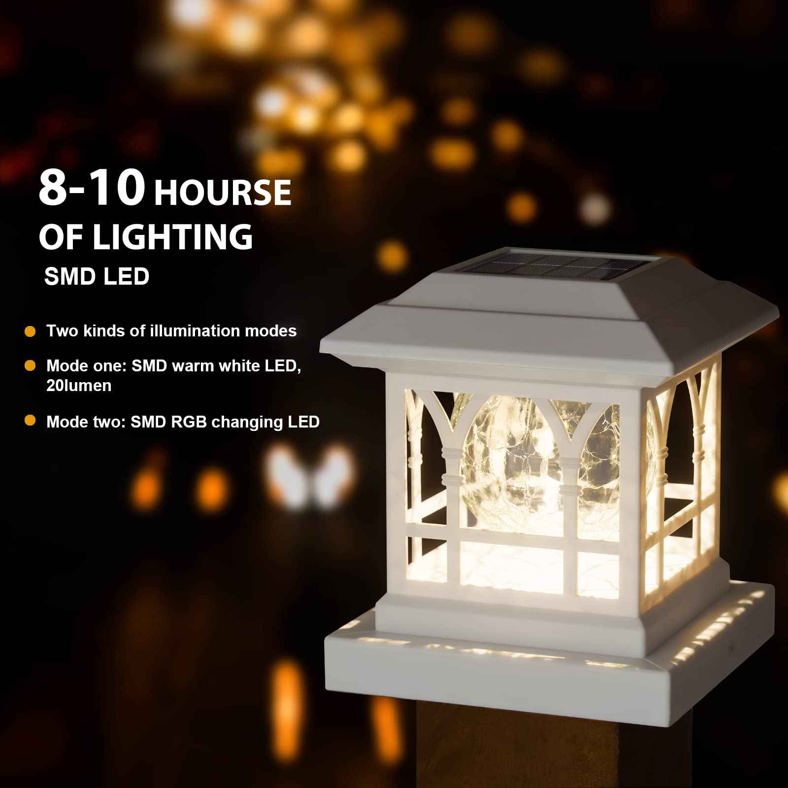 AEFRELEOHT Solar Post Cap Lights, Warm White & RGB Automatic Cycling, Cracked Glass Bulb, 20 Lumens lP65 Waterproof Fit 3.6x3.6 4x4 4.5x4.5 5x5 Wood Fence Post Solar Powered Lights White (1 Pack)