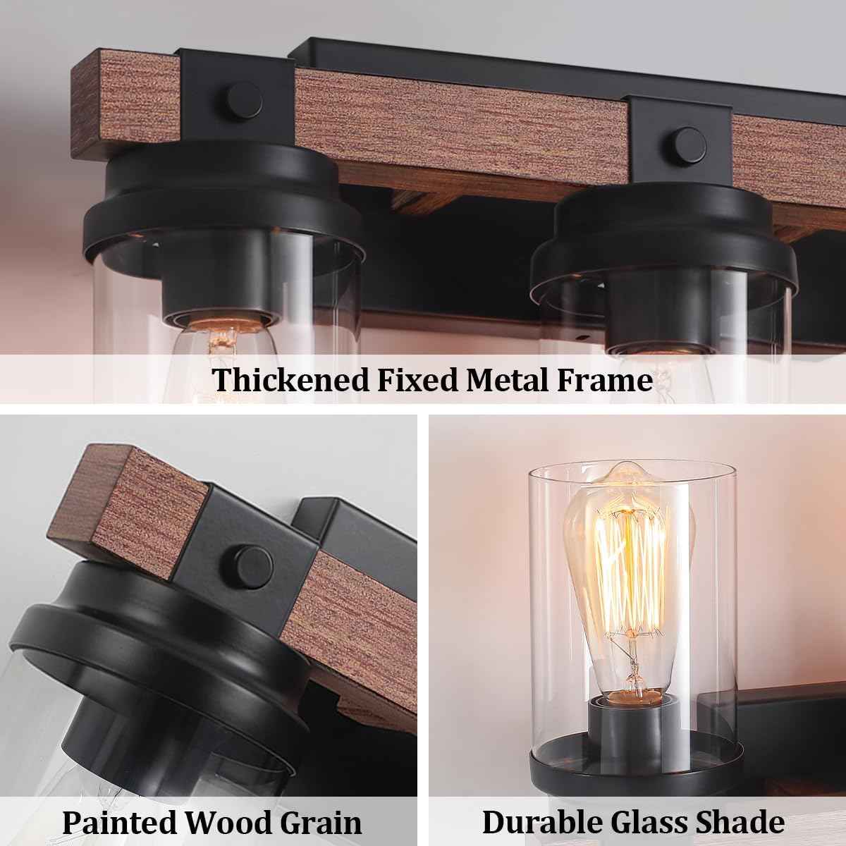 Farmhouse 2-Light Vanity Lights for Bathroom - Rustic Black Wood & Glass Sconces
