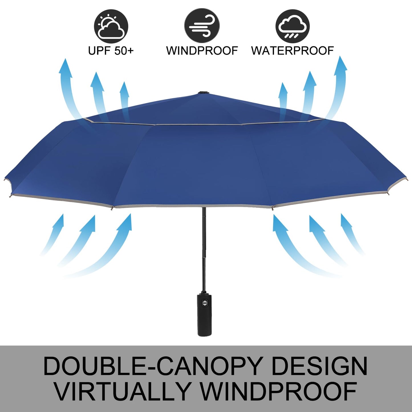Satol 62 Inch Large Portable Golf Umbrella with Reflective Stripe, Windproof 10 Ribs Vented Double Canopy Oversize Compact Rain Umbrellas for Travel, Waterproof UV Protection Umbrella Auto Open/Close