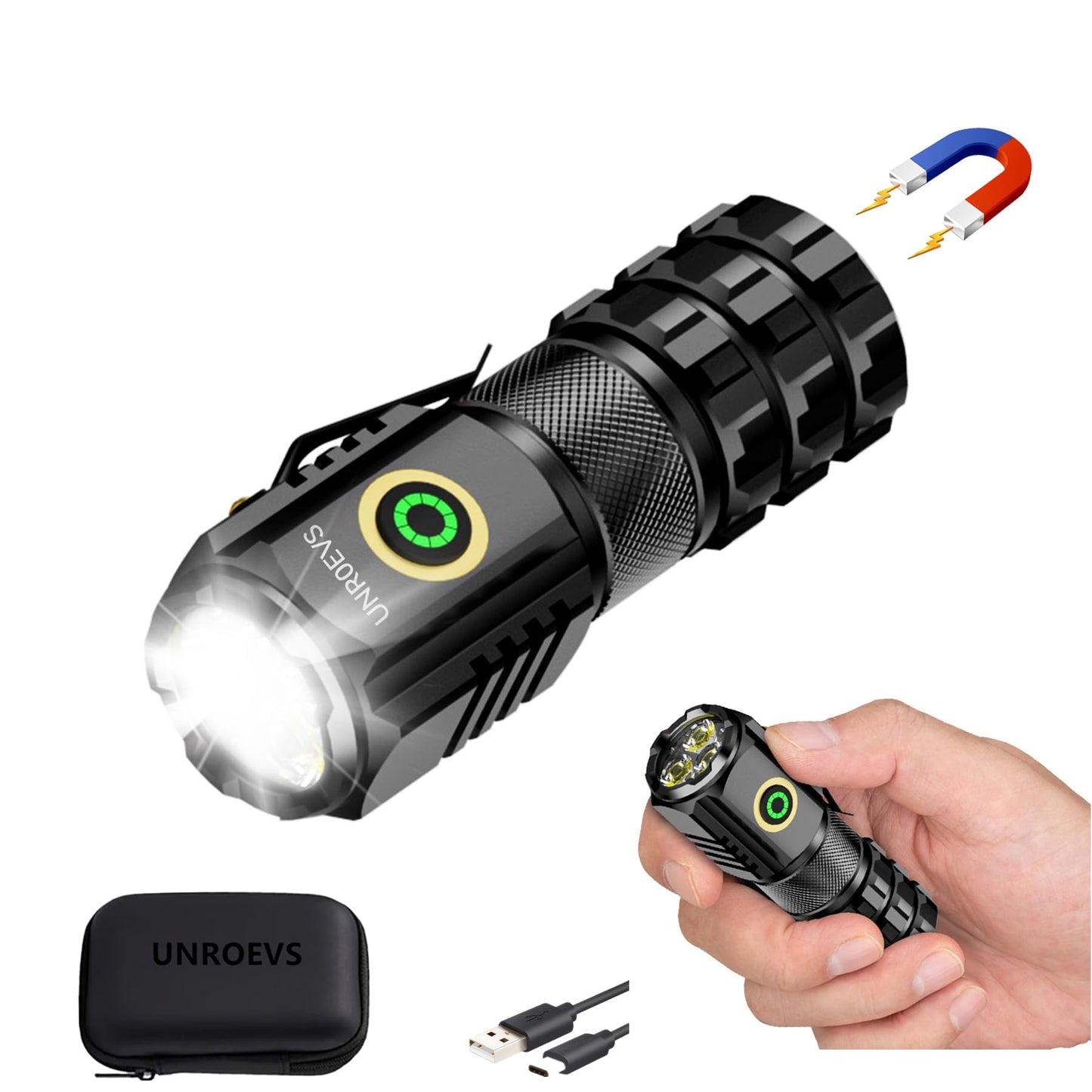 UNROEVS XC06 Mini Flashlight Rechargeable,Pocket Flashlight with Magnet,Super Bright Small Compact Flashlight,5 Modes EDC Flashlight for Camping,Emergency. (1, Black)