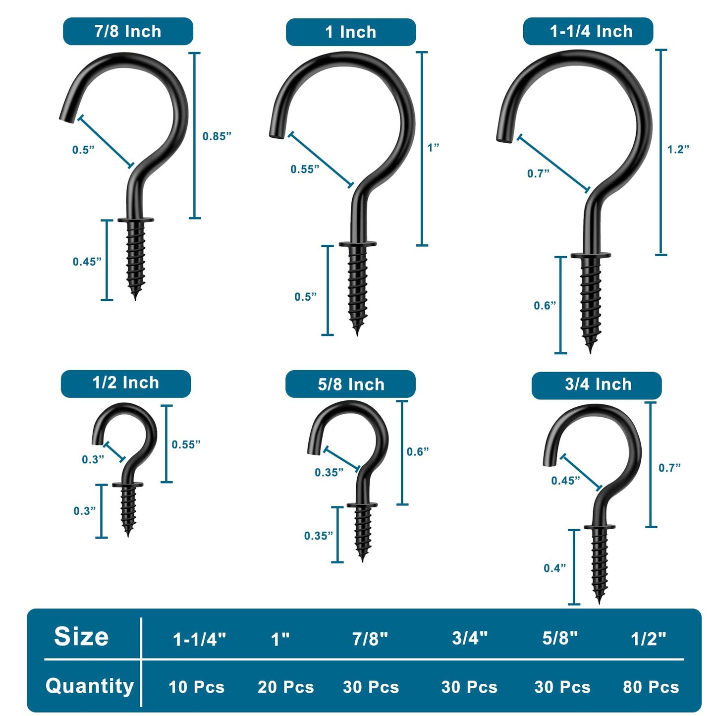 LayHyand 200 Pcs Screw Hooks kit,6 Sizes Vinyl Coated Ceilling Wall Cup Hook for Hanging Plant, Mug, Coffee Cups, String Light Decors, Indoor & Outdoor, Black (1/2in, 5/8in,3/4in,7/8in,1in,1-1/4in)