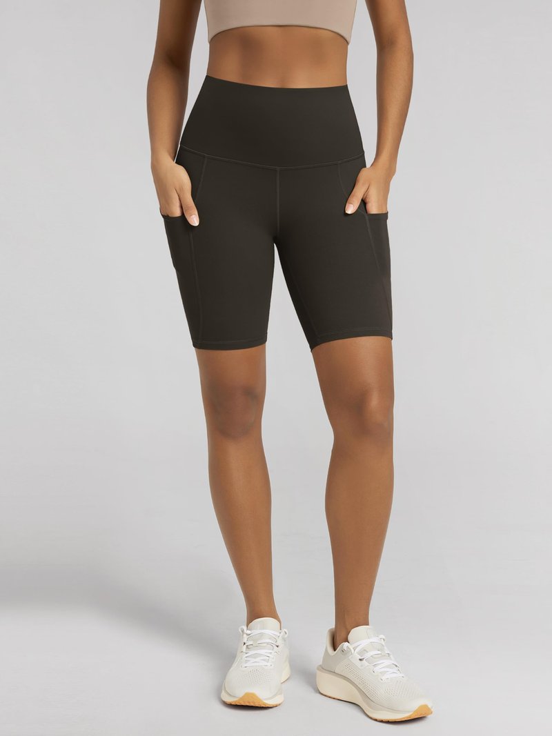 ODODOS 8" Tummy Control Biker Shorts for Women with Pockets High Waist Running Workout Athletic Yoga Shorts, Dark Brown, XX-Large