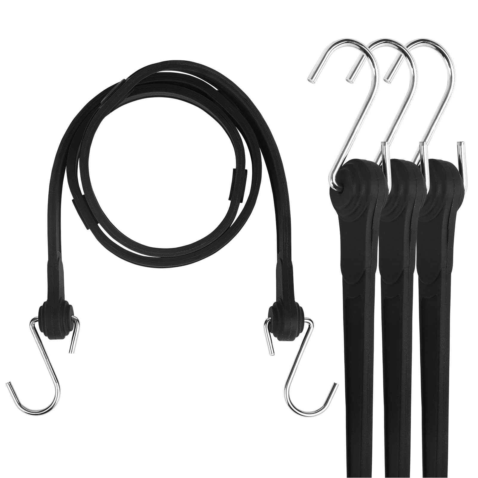 Joneaz Flat Silicone Rubber Bungee Cords with Hooks Adjustable, 36 inch, 4 Pack Heavy Duty Tie Down Straps，Above 150% Stretch
