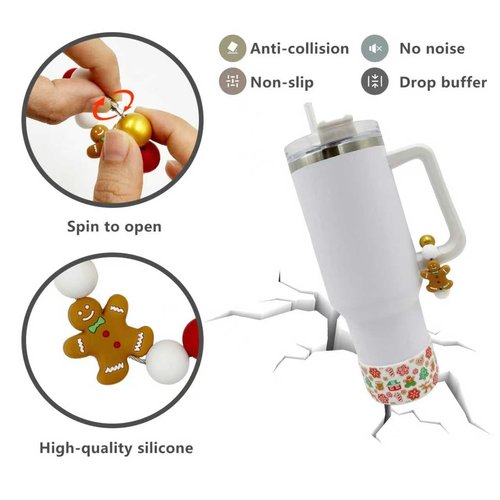 Christmas Tumbler Sleeve Cover with Beaded Handle Decor & Cup Bottom Boot – Xmas Drinkware Decoration, Gingerbread Man Water Bottle Accessories for Stanley 30oz 40oz Tumblers
