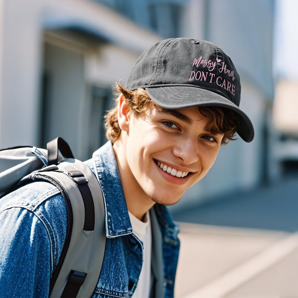 GEYGIE Messy Hair Don't Care Embroidery Adjustable Classic Washed Distressed Baseball Cap, Funny Sun Shade Sports Cap for Women, Travel Weekend Vacation Hat Gifts for Mom Aunt Grandma Sister Bestie