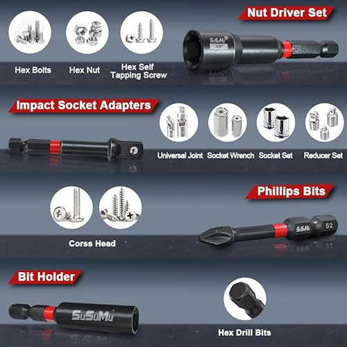 16PCS Impact Rated Magnetic Nut Driver Set with Socket Adapter Set and Phillips Screwdriver Drill Bits, Extension Bit Holder,1/4" Quick Change Hex Shank for Cordless Impact Wrench Drive Nuts Or Bolts