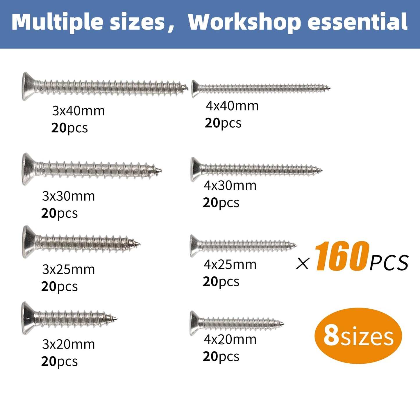 Synxut 304 Stainless Steel Wood Screws Assortment Kit,160 pcs, Phillips Drive Countersunk Head,Wood Screws,Screws,Drywall Screws,Sheet Metal Screws,Screws Set,8 Sizes M3/M4(20mm,25mm,30mm,40mm)