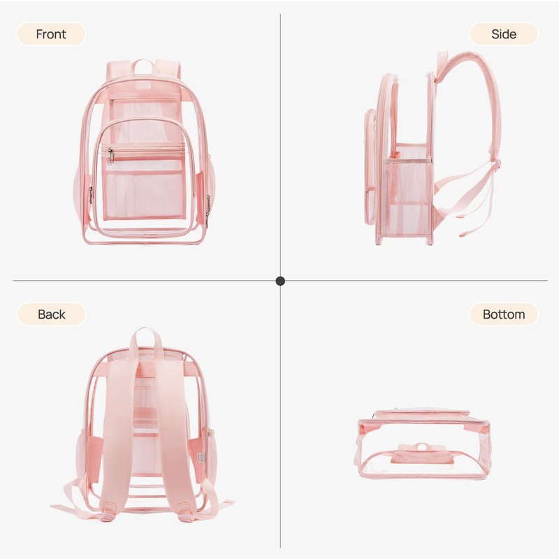 Telena Clear Backpack with Multi-pockets, Heavy Duty TPU Transparent Bag with Reinforced Straps, Large See Through Bookbag for College, Work - Pink