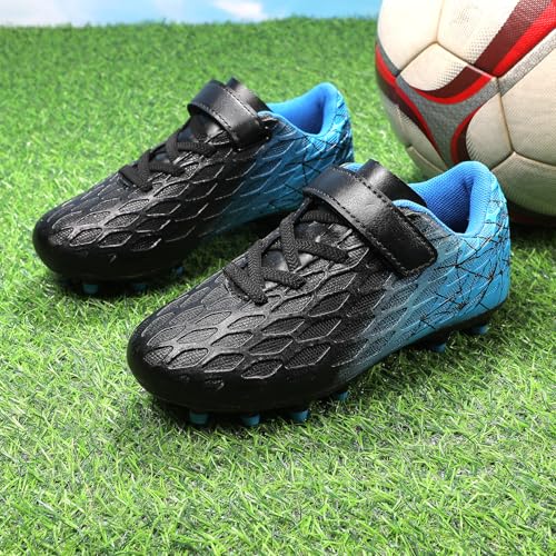 Kids Soccer Cleats, Firm Ground Football Shoes, Boys Girls Outdoor, 1.5 Big Kid, Black/Blue