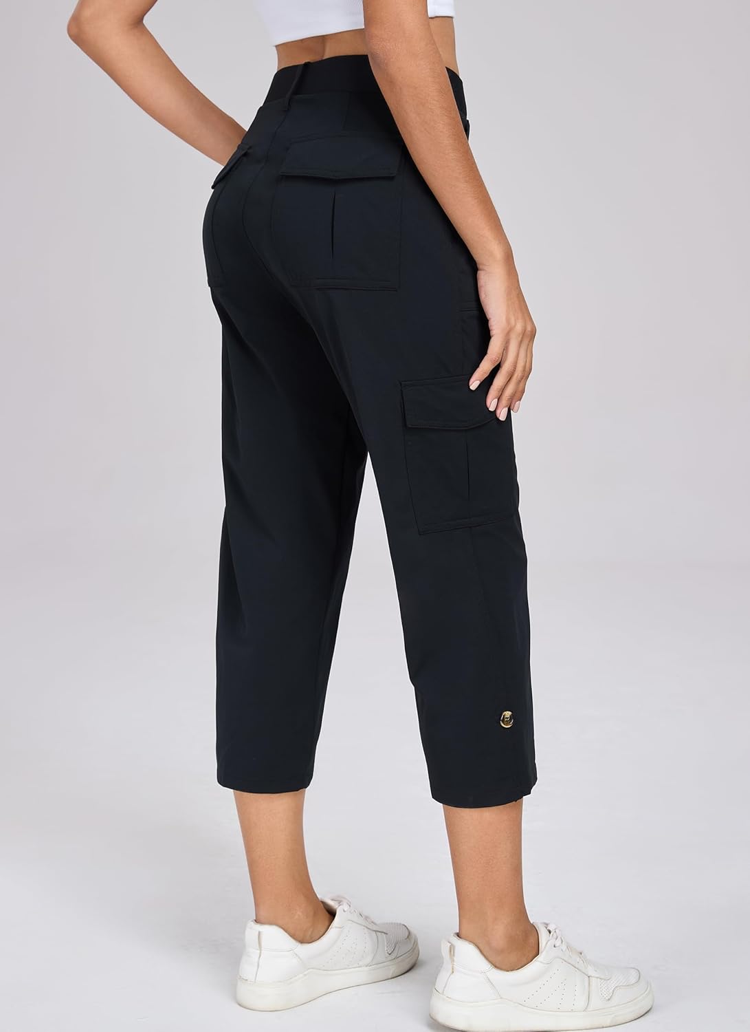 Oalka Women's Cargo Capri Pants - Relaxed Fit Knit Waist for Casual Hiking | Stylish Cropped Design
