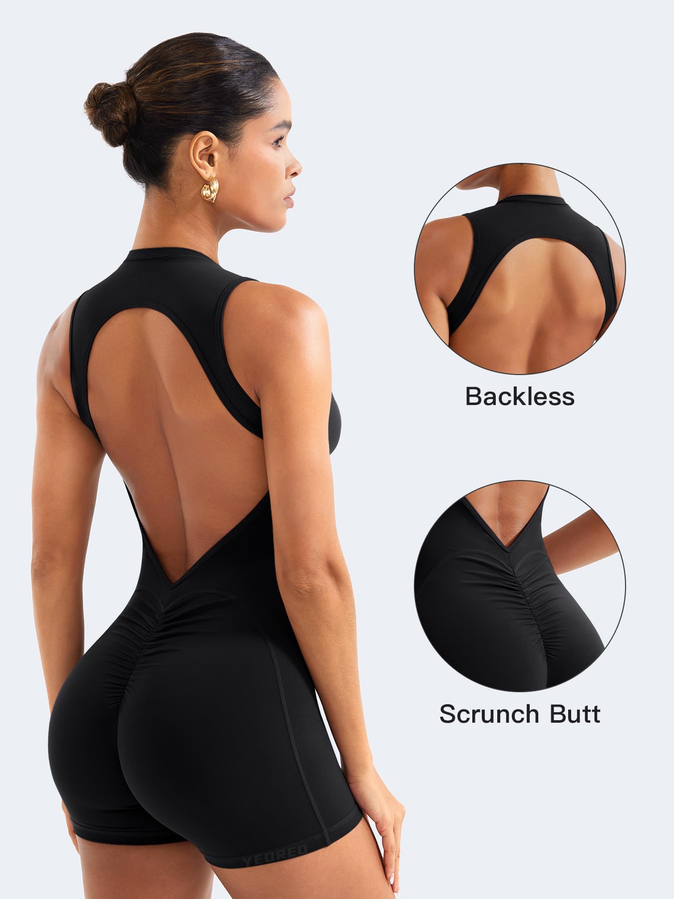 YEOREO CoreFlex Backless Workout Jumpsuits Women Padded Romper Black M
