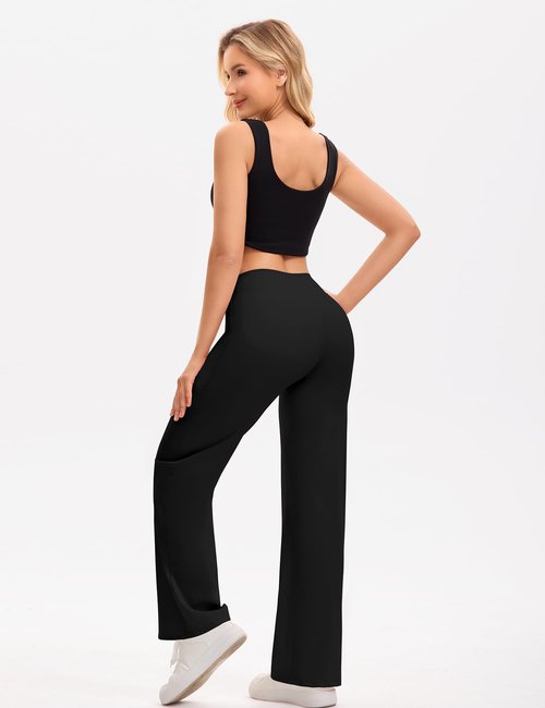 Ieumaz Straight Leggings for Women V Crossover High Waisted Wide Leg Yoga Pants Stretch Casual Gym Workout Yoga Pants Black