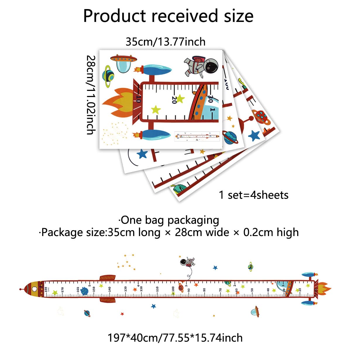 Rocket Self-adheve Vinyl Nursery Wall Decal Baby Growth Chart Sticker for Bedroom Play Room Peel and Stick Kindergarten Height Measure Mural