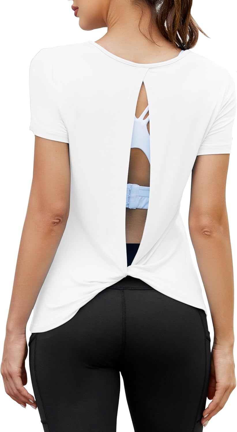 Mippo Workout Tops for Women - Soft Open Back Short Sleeve Athletic Yoga T-Shirts