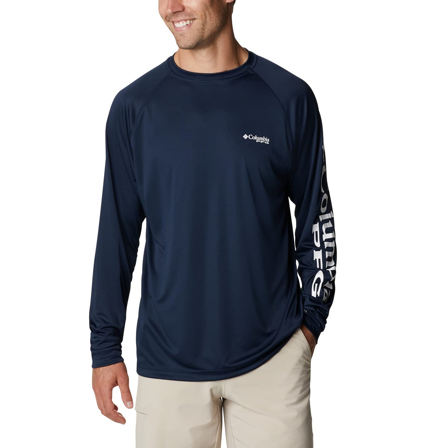 Columbia Men's Terminal Tackle Long Sleeve Fishing Shirt, Collegiate Navy/White Logo, Medium