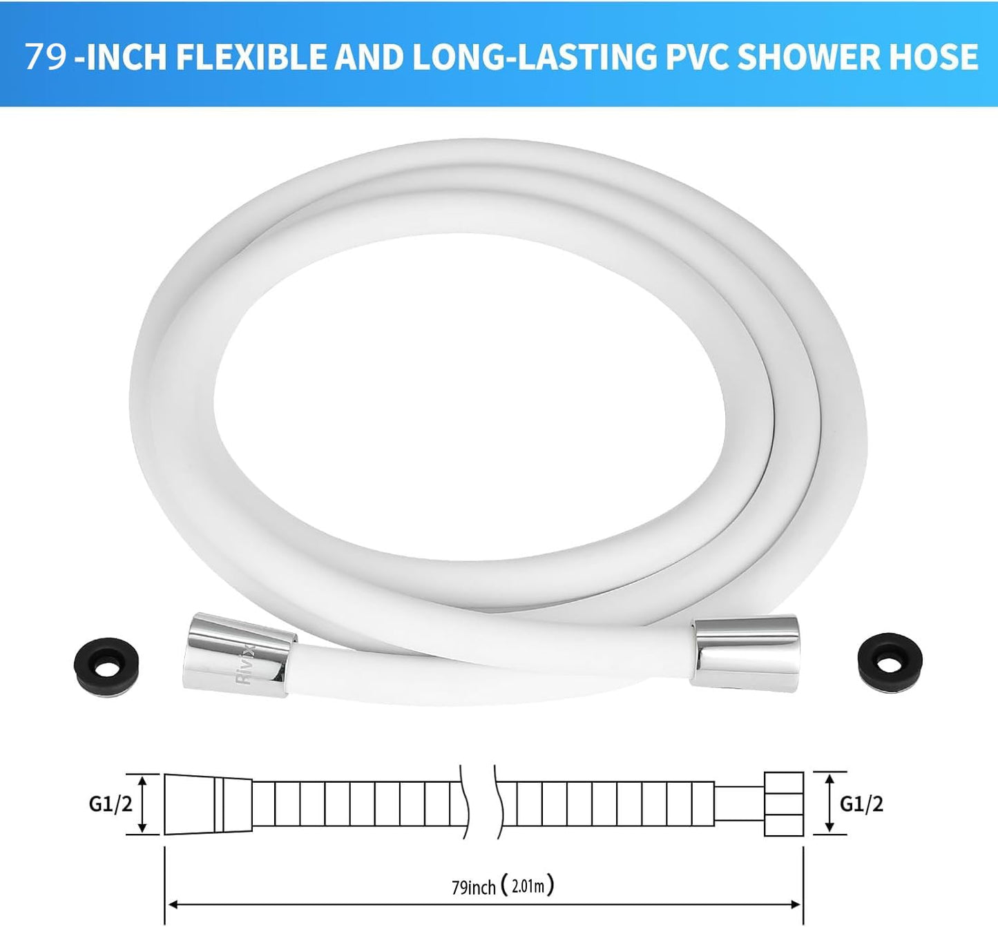 Rivix Shower Hose 79-Inch PVC White Handheld Shower Head Hose - Explosion Proof, Anti-Tangle Flexible Hose for Bathing, Pet Cleaning, and Toilet Cleaning rv shower head with hose