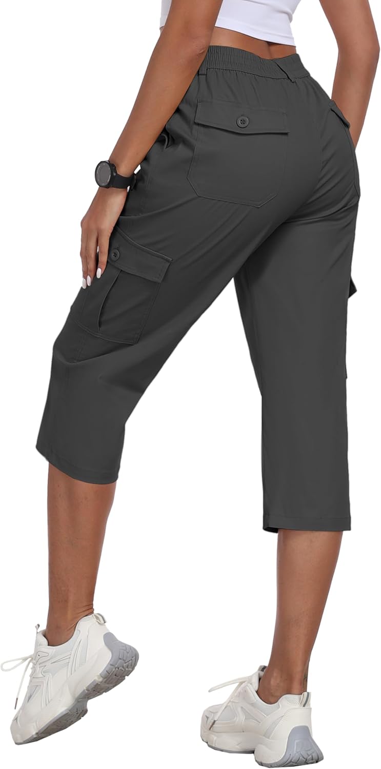 MoFiz Women's Cargo Capris Lightweight Hiking Pants 6 Pockets Cotton Casual Summer Capri Pants for Women Dark Grey L
