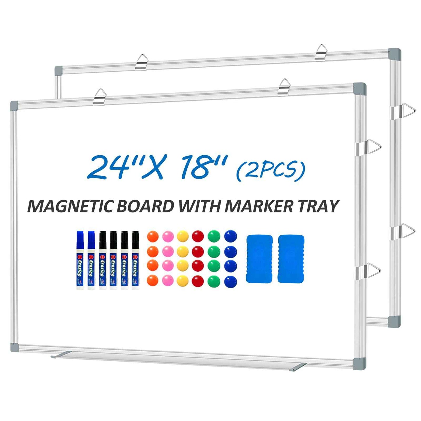 Magnetic White Board Dry Erase Board for Wall 24" x18 (2pcs) Aluminum Frame Magnet White Board for Home, School, Office, Kitchen