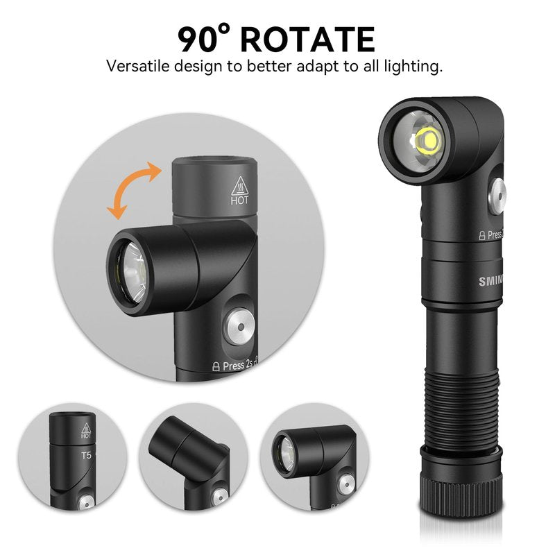 SMINGXI T5 1400 Lumens Rechargeable LED Flashlight, 90 Degree Adjustable Head, EDC Tactical Flashlight,Magnetic AA Pocket Work Light with Red Diffuser & Clip for Camping, Hiking, Emergency