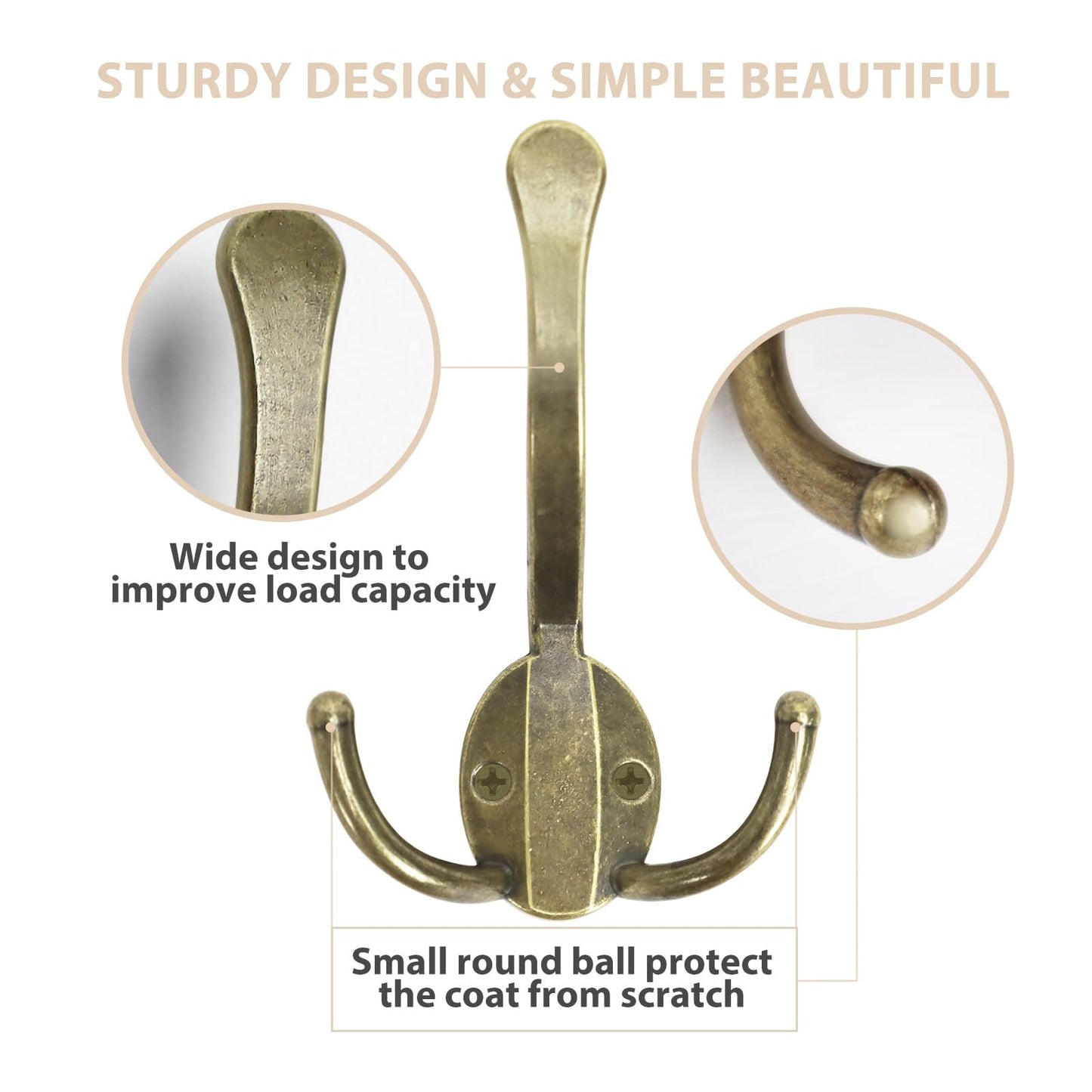 Homanu 8 Pack Coat Hooks Heavy Duty, Metal Three Prongs Large Coat Hooks Wall Mounted with 16 Screws, No Rust Antique Brass Rustic Wall Hooks for Hanging Towel, Coat, Scarf, Bag, Hat, Cup, Key