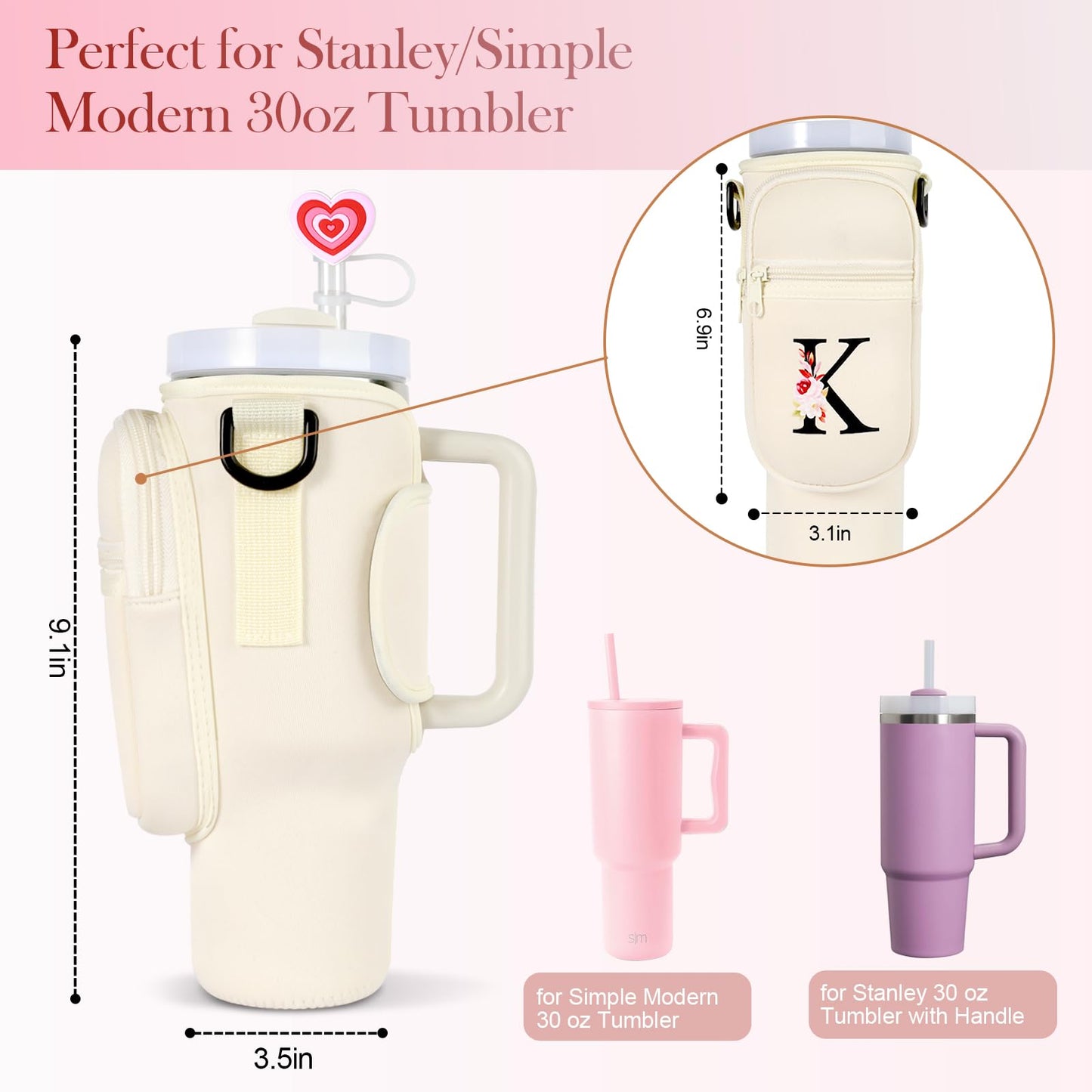 GOEWY Water Bottle Carrier Bag for Stanley 40 oz Tumbler with Handle Neoprene Water Bottle Holder Pouch Stanley Cup Accessories Gift Set with 1 Straw Cover,1 Silicone Boot,1 Letter Charm V