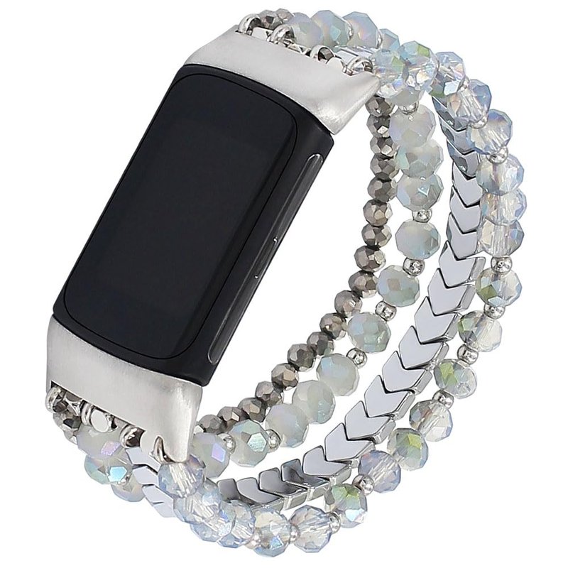WONMILLE Beaded Bracelet Compatible with Fitbit Charge 6 Bands/Fitbit Charge 5 Bands Women, Elastic Stretch Bracelets Jewelry Strap Replacement for Charge 6/Charge 5 Fitness Tracker (Blue/Silver,S)