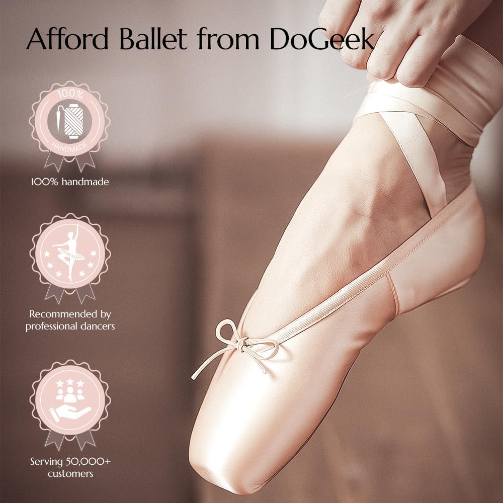 DoGeek Satin Pointe Shoes for Girls Kids Ribbon Ballet Pointe Shoes with Toe Pads for School or Home (Pink, Little Kid, Women, Numeric, US Footwear Size System, Medium)