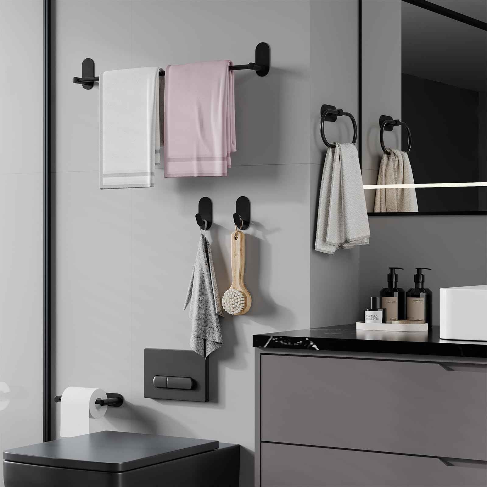 WZRUA Adhesive Towel Hooks for Bathrooms 4 Pack Matte Black Stainless Steel and Zinc Alloy Sticky Wall Hooks for Hanging Heavy Duty Self Adhesive Robe Shower Hanger for Kitchen, Closet, Cabinet, Door