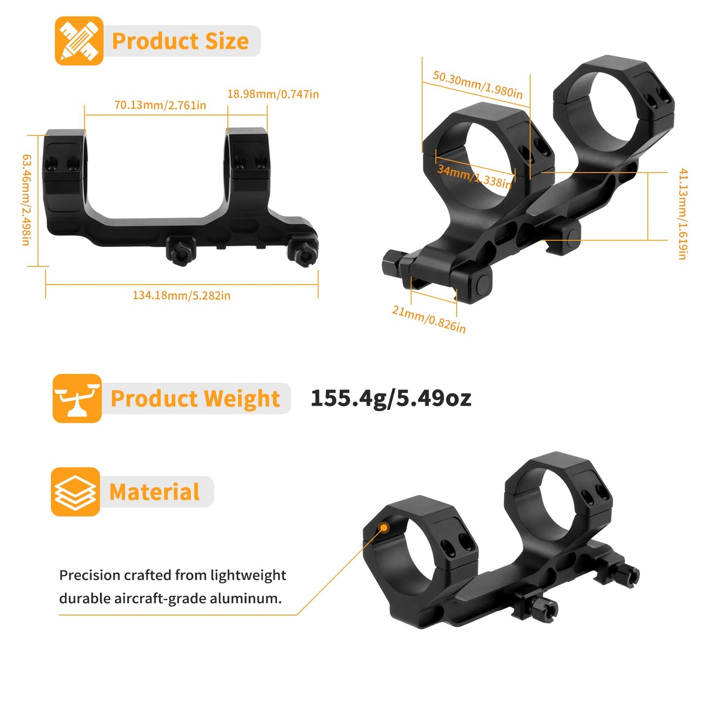 FOCUHUNTER 34mm Scope Mount, Cantilever Picatinny Scope Mount Fit 21mm Picatinny Rail, 1.62 inch Center Height, Slim Profile Offset Dual Ring One-Piece Mount for 34mm Diameter Scope Tube, Aluminum