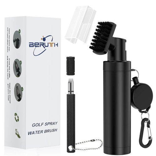 Golf Club Cleaner Brush with Carabiner Clip and Leak-Proof Press Water Bottle - Lightweight, Compact Cleaning Tool for Golf Clubs, Balls, and Shoes - Best Golf Gifts for Men（Black）