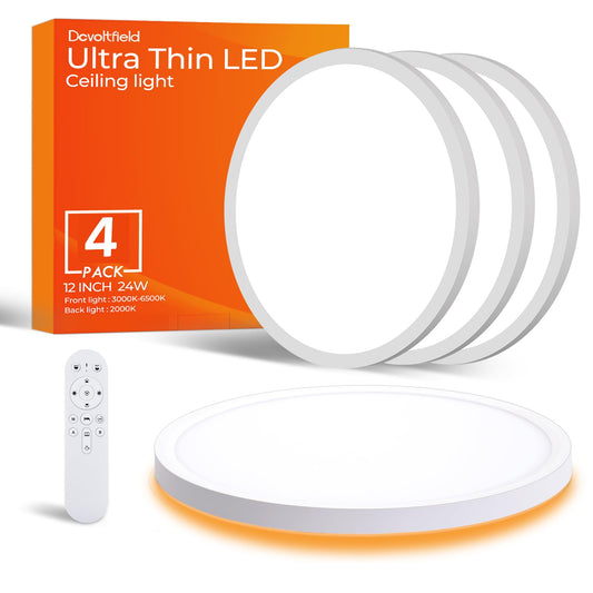 12Inch 4Pack flush mount Led ceiling light with Remote Control,Ultra Slim 24W 3000K-6500K Color Adjustable Ceiling Lamp for Living Room/Kitchen,2000K Warm Nightlight for Bedroom, Memory Function