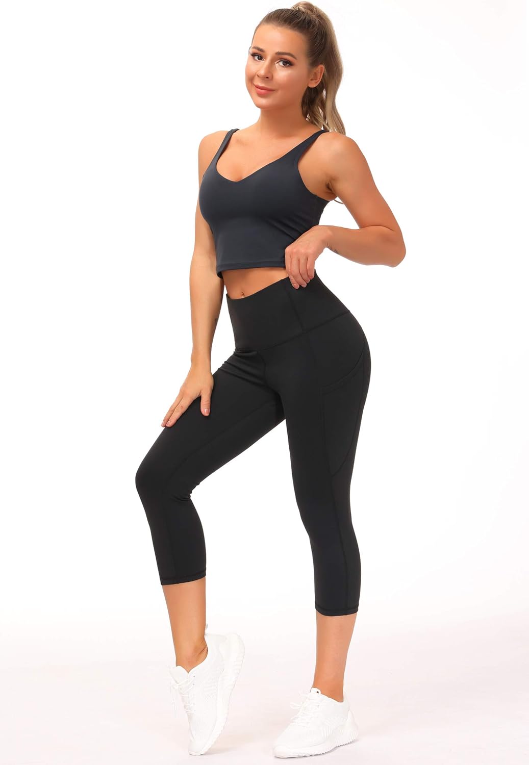 The Gym People Thick High Waist Yoga Pants - Tummy Control Capris with Pockets for Women