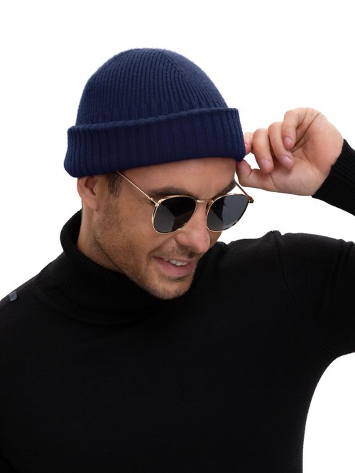 choshion Wool Short Fisherman Beanie for Men Women, Double Cuffed Knit Skull Caps Trawler Beanies Watch Cap Warm Winter Hats, Navy Blue