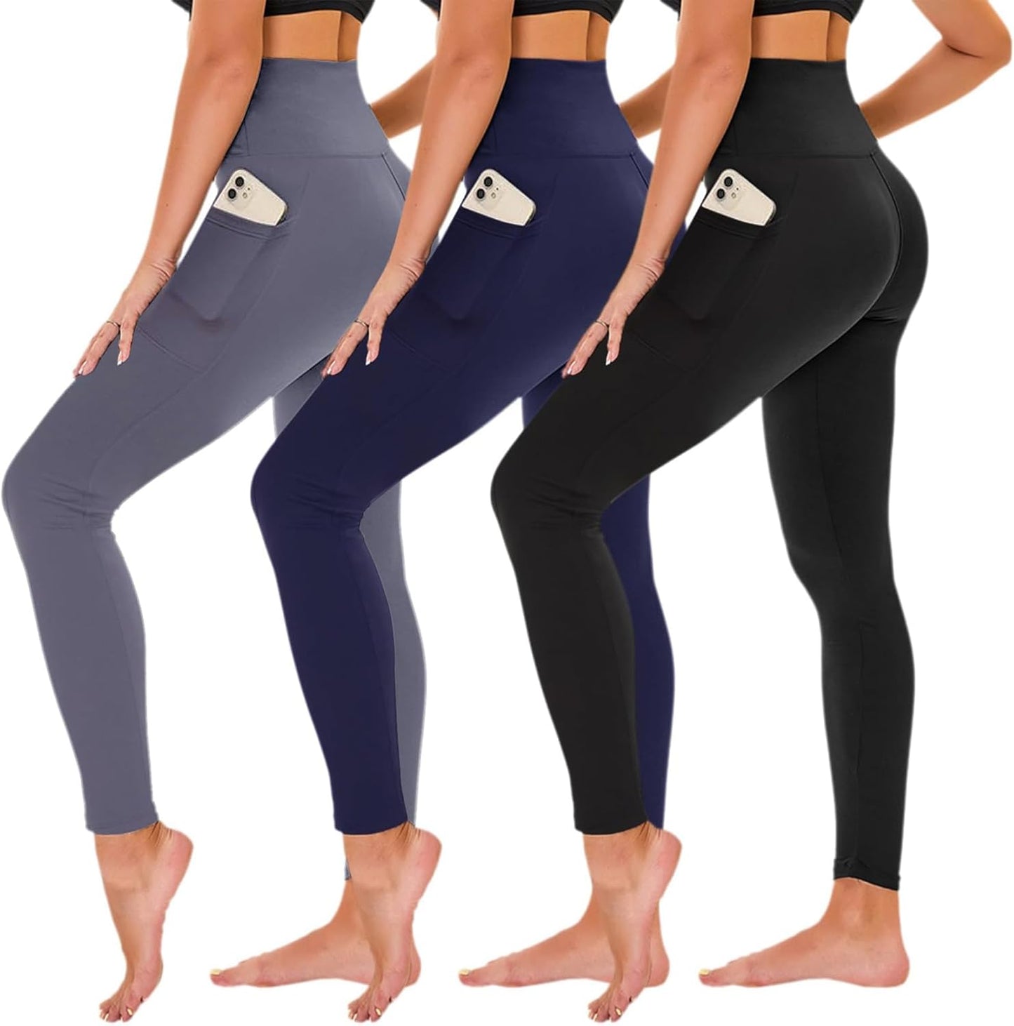TNNZEET Leggings for Women - Black High-Waisted Tummy Control Yoga Pants with Pockets | 3-Pack Set
