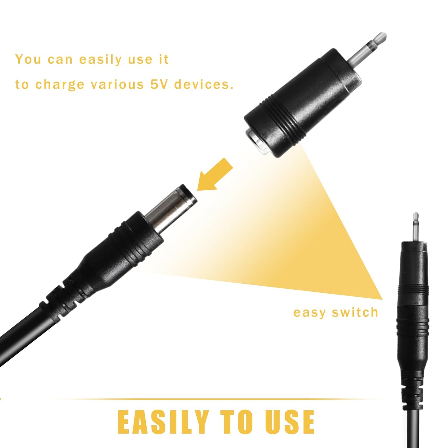 5V DC Power Cord Replacement Charger, USB to DC Plug Charging Cord with 9 Connectors Adapters for Moon Lamp, Massage Wand, Router, LED Light, Speaker and More Devices (Black)