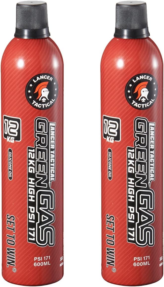 Lancer Tactical 600ml/20oz 12kg Powerful Green Gas High PSI G-1100 for Airsoft Pistol, Airsoft Rifle, Air Gun (Silicone Oil) -Pack of Two