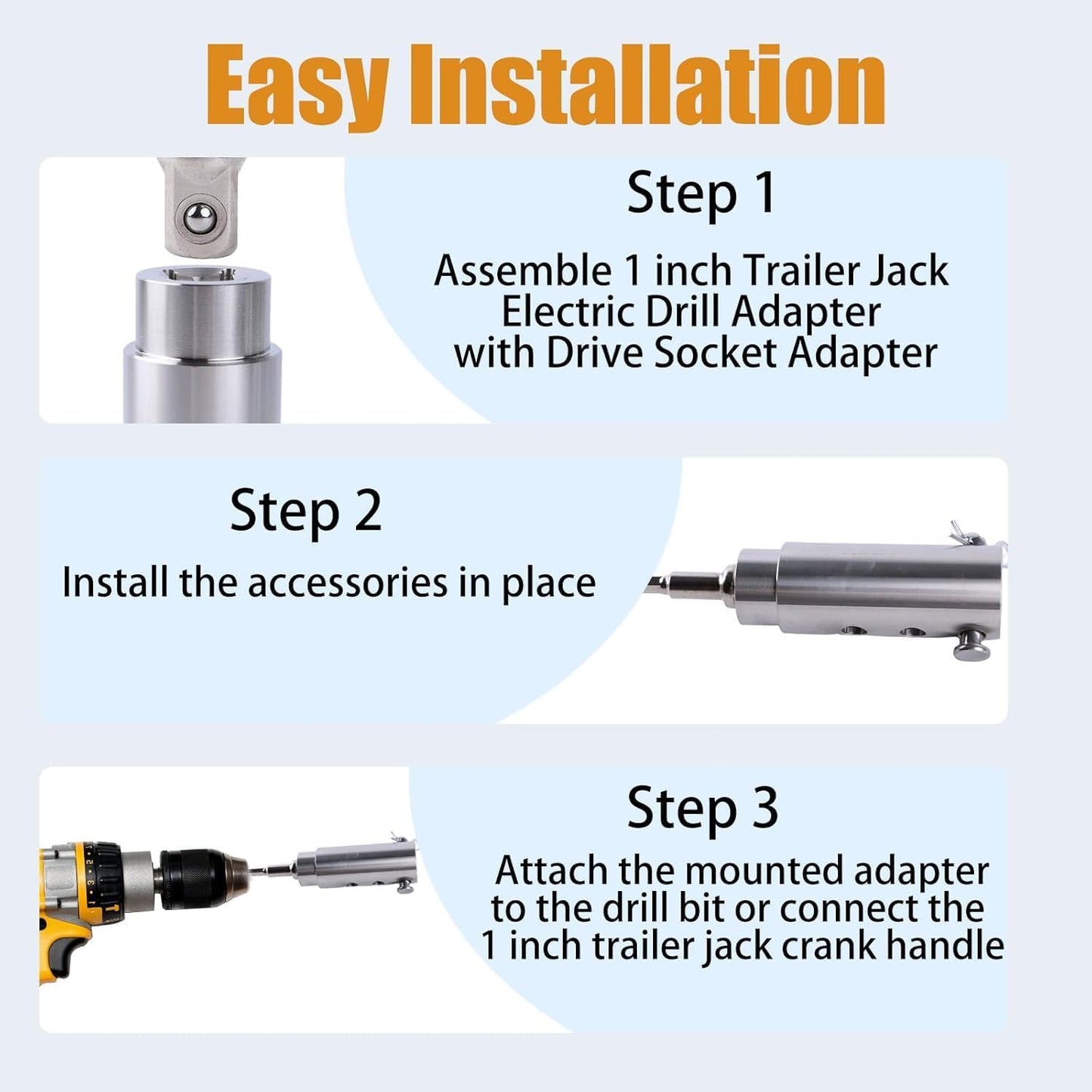 Skiennix Trailer Jack Drill Adapter - Stainless Steel Handle for 1 Inch Jack Drive Shaft | Cordless Drill Socket Attachment