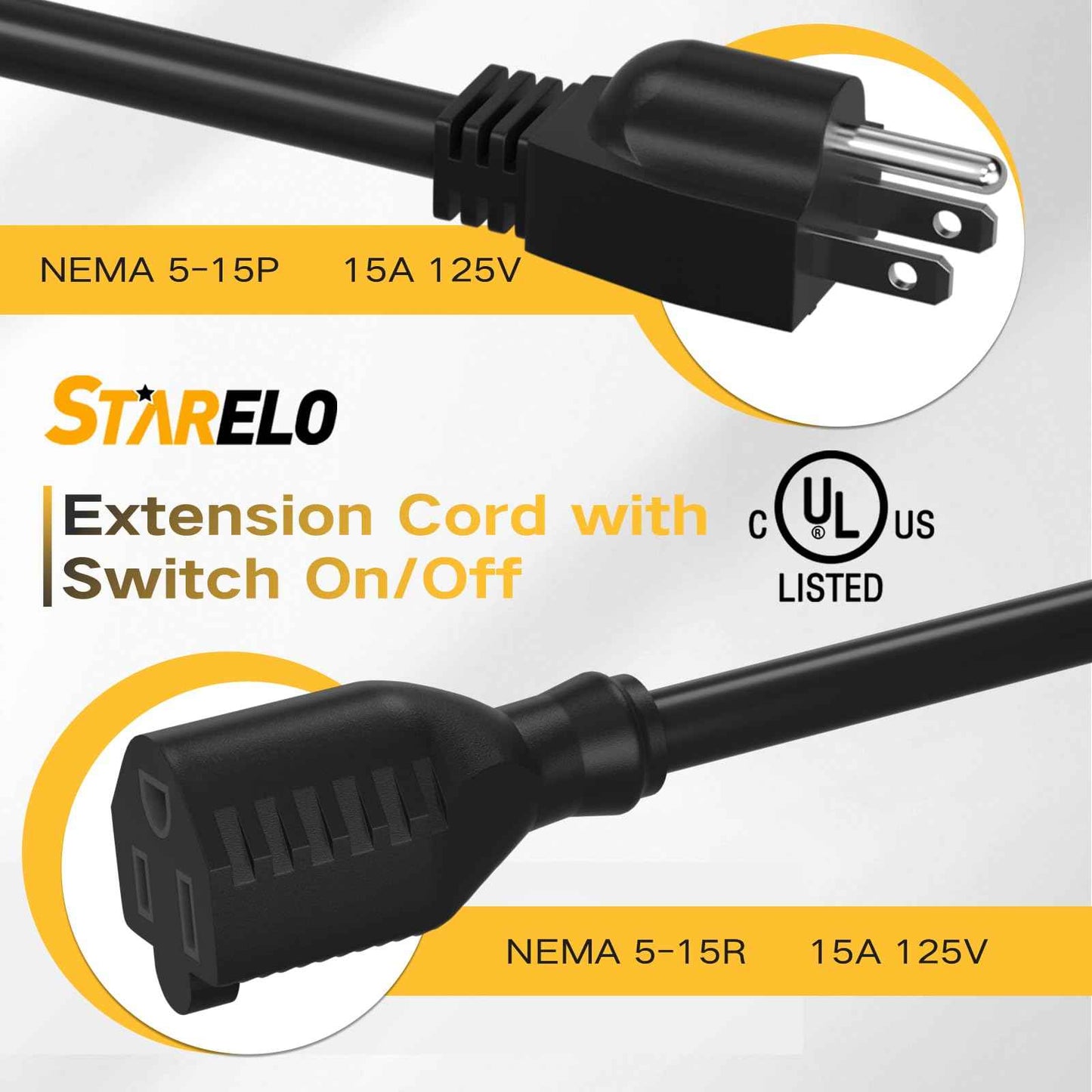 STARELO Extension Cord with ON/Off Near Waterproof Switch,Extension Cord with Switch 3-Prong Outdoor 1875W,Black Heavy Duty, 14/3 SJTW 15A 125V Grounded Plug Receptacle.(3FT,Black)