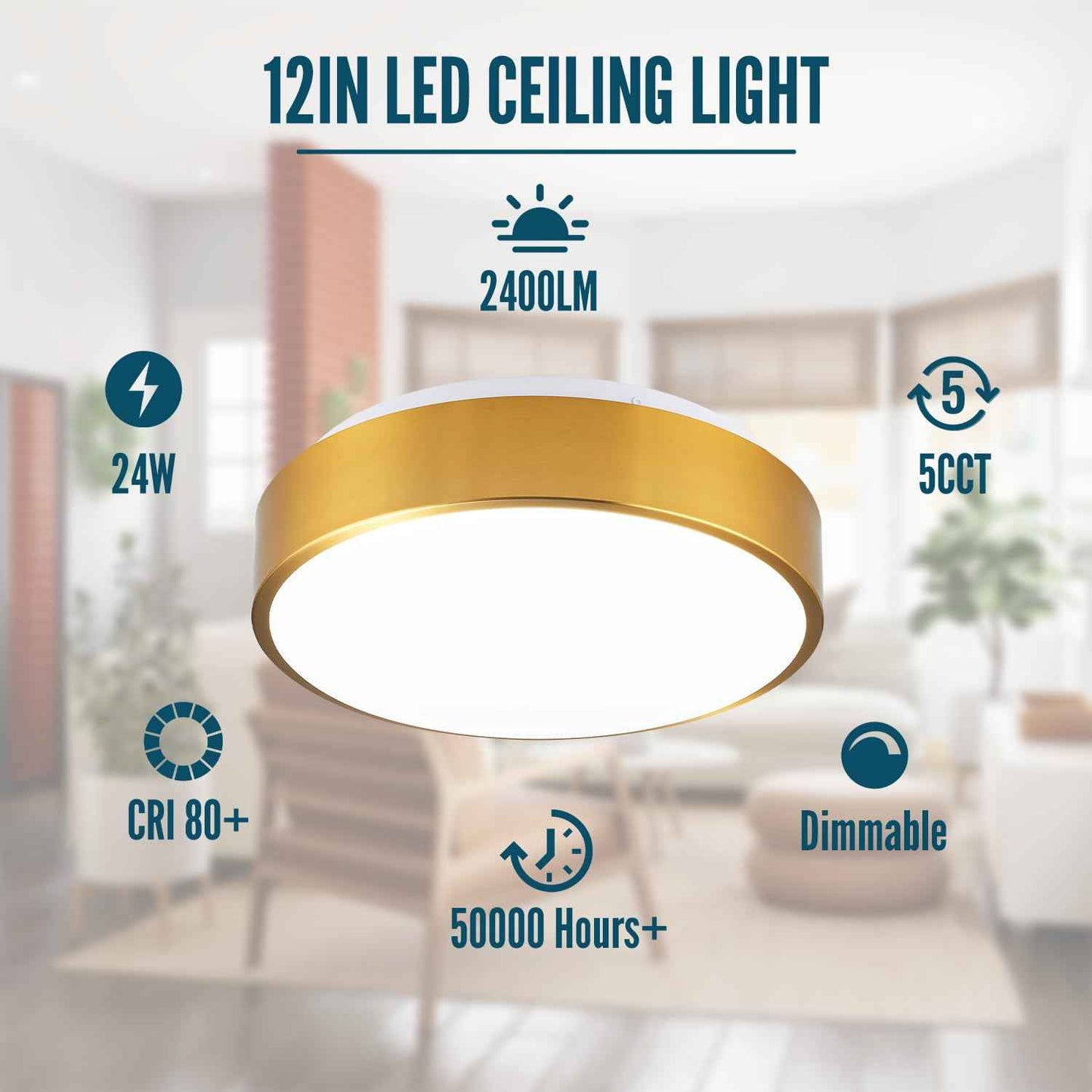 Wheatronic Gold Ceiling Light Flush Mount, LED Light Fixture 24W, Round Dimmable Flush Mount 5CCT for Bathroom, Living Room, Bedroom