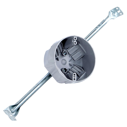 Round PVC Electrical Box with Adjustable Bar, for New Work, Bar Adjusts from 16 to 24 Inches, Grey Fixture Box, 20 Cubic Inch Capacity, Supports Up to 50 lbs., for Non-Metallic Sheathed Cable