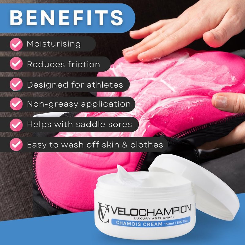 VeloChampion Luxury Chamois Cream | Vegan Anti Chafing Cream for Men and Women | For Cycling, Running, Triathlon and Thigh Rub (5.0 Fl Oz) Fragrance Free
