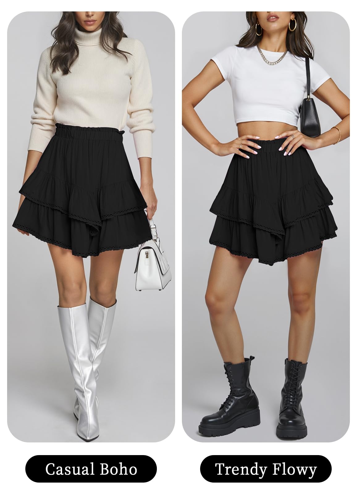 TARSE Women's Boho Ruffle Tiered Skorts Elastic High Waist Flowy Mini Skirts Casual Crochet Shorts Trendy Vacation Black, XXL