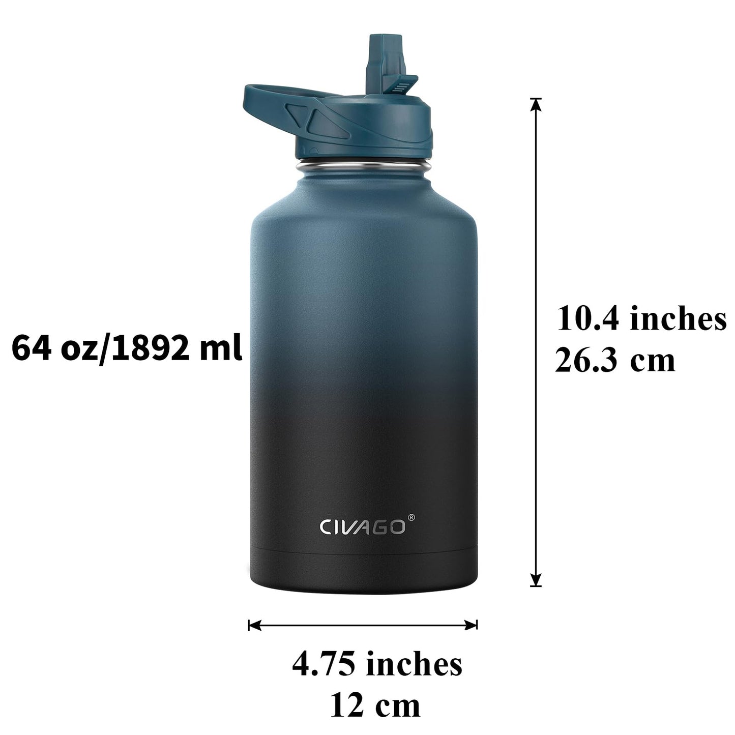 CIVAGO 64 oz Insulated Water Bottle With Straw, Half Gallon Stainless Steel Sports Water Flask Jug with 3 Lids (Straw, Spout and Handle Lid), Large Metal Thermal Cup Mug, Midnight Black