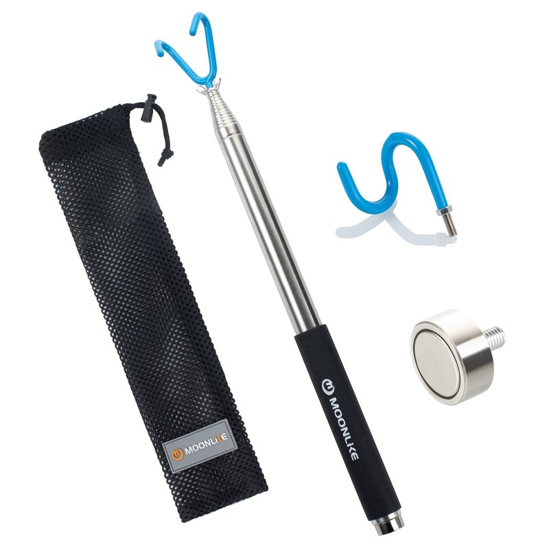 Moonlike Telescoping Pickup Grabber Tool Magnetic Pole with 2 Hook and a Magnet, 10 ft Telescopic Hook Pole Wire Reacher Tool Push Pull Rod, Disc Golf Retriever Pole, Disc Golf Accessories