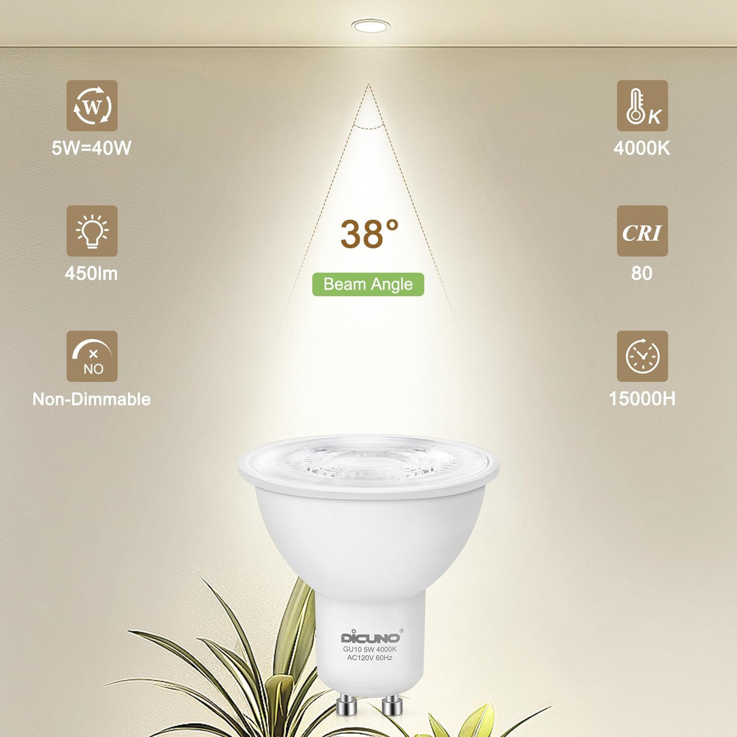 DiCUNO GU10 LED Bulb, 40W Equivalent, Natural White 4000K, Non-Dimmable, 450LM, MR16 GU10 LED for Spotlight, Track Lighting, 5W Recessed Ceiling Light Bulb with 38° Beam for Kitchen, Pack of 6