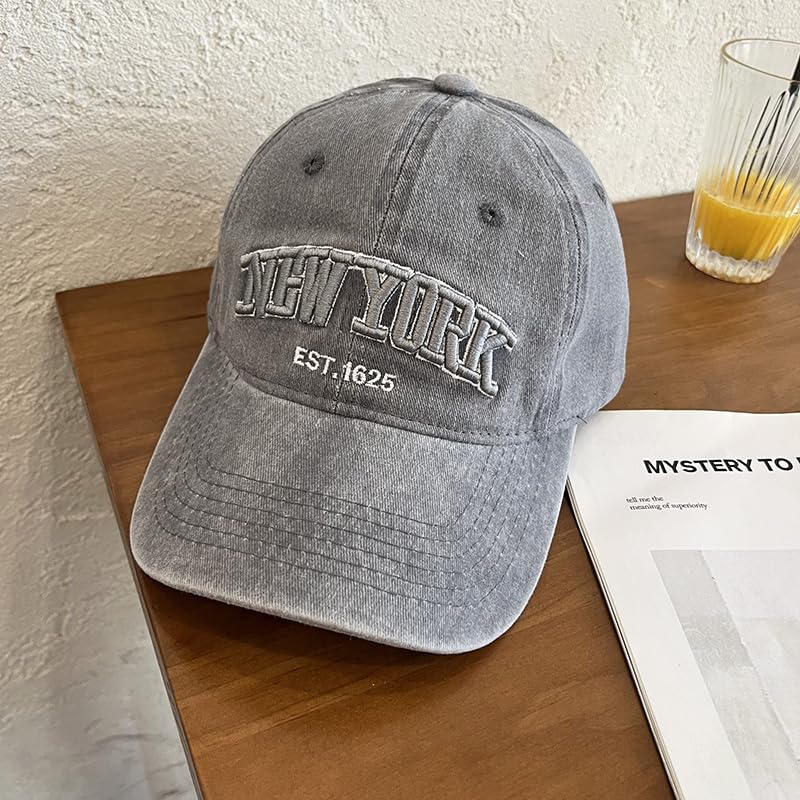New York Embroidered Baseball Cap - Distressed Gray Dad Hat