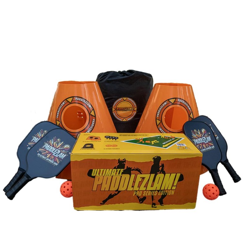 PaddleZlam Ultimate Pro Series for Beach Backyard Gymnasium or Camping - 2 Large Gaming Cones - 4 Fiber Paddles - 2 Outdoor Pickle Balls with 1 Carry Bag and Scoring Stickers