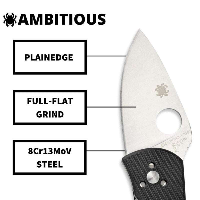 Spyderco Ambitious Value Knife with 2.31" Stainless Steel Blade and Durable Black G-10 Handle - PlainEdge - C148GP
